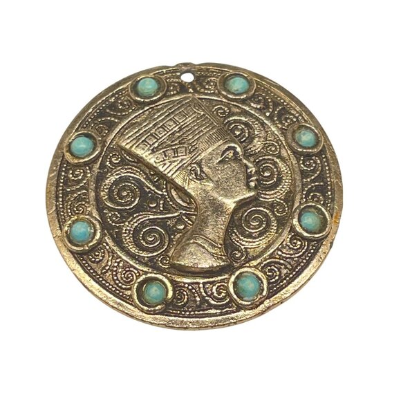 Vintage Silver Tone Egyptian Medallion With Turquoise Accents - Picture 2 of 5